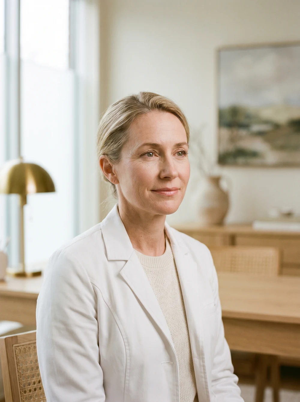 Portrait of Dr. Elin Vasser, Medical Director of Lumière, in a plain white coat against a warm-neutral background