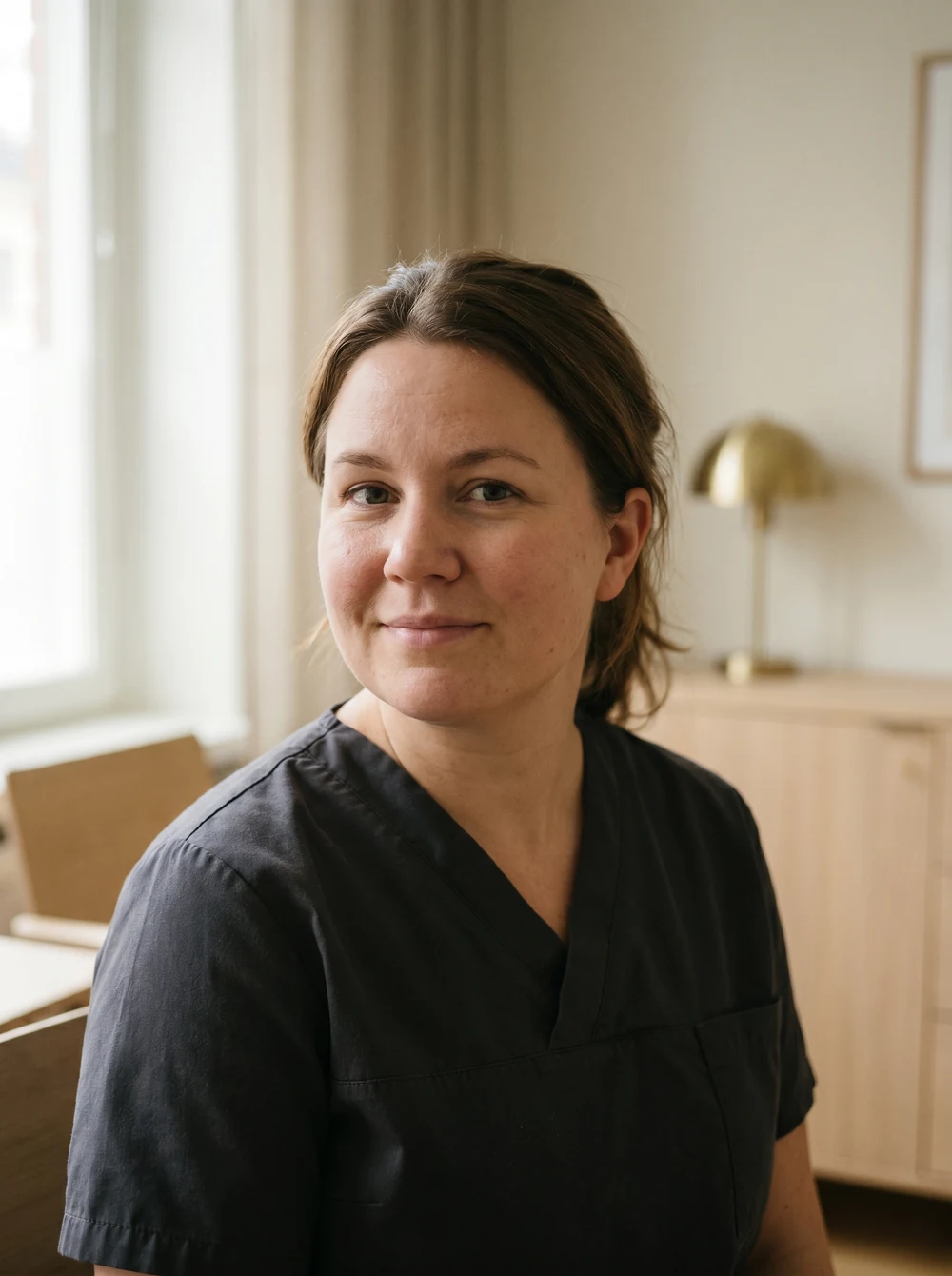 Portrait of Sofia Lind, Lead Aesthetic Nurse at Lumière, in a plain dark scrub against a warm-neutral background