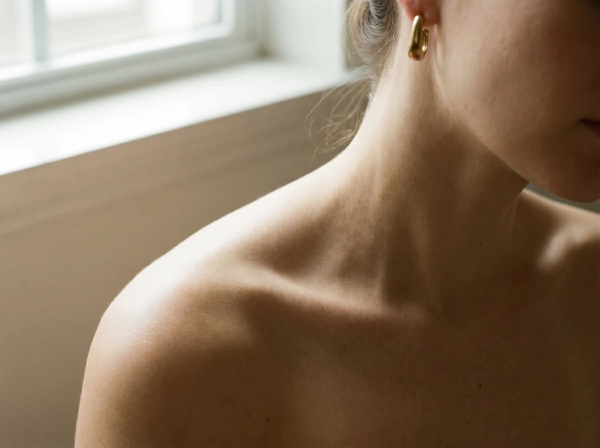 An elegant shoulder and neckline in soft warm light against a calm interior