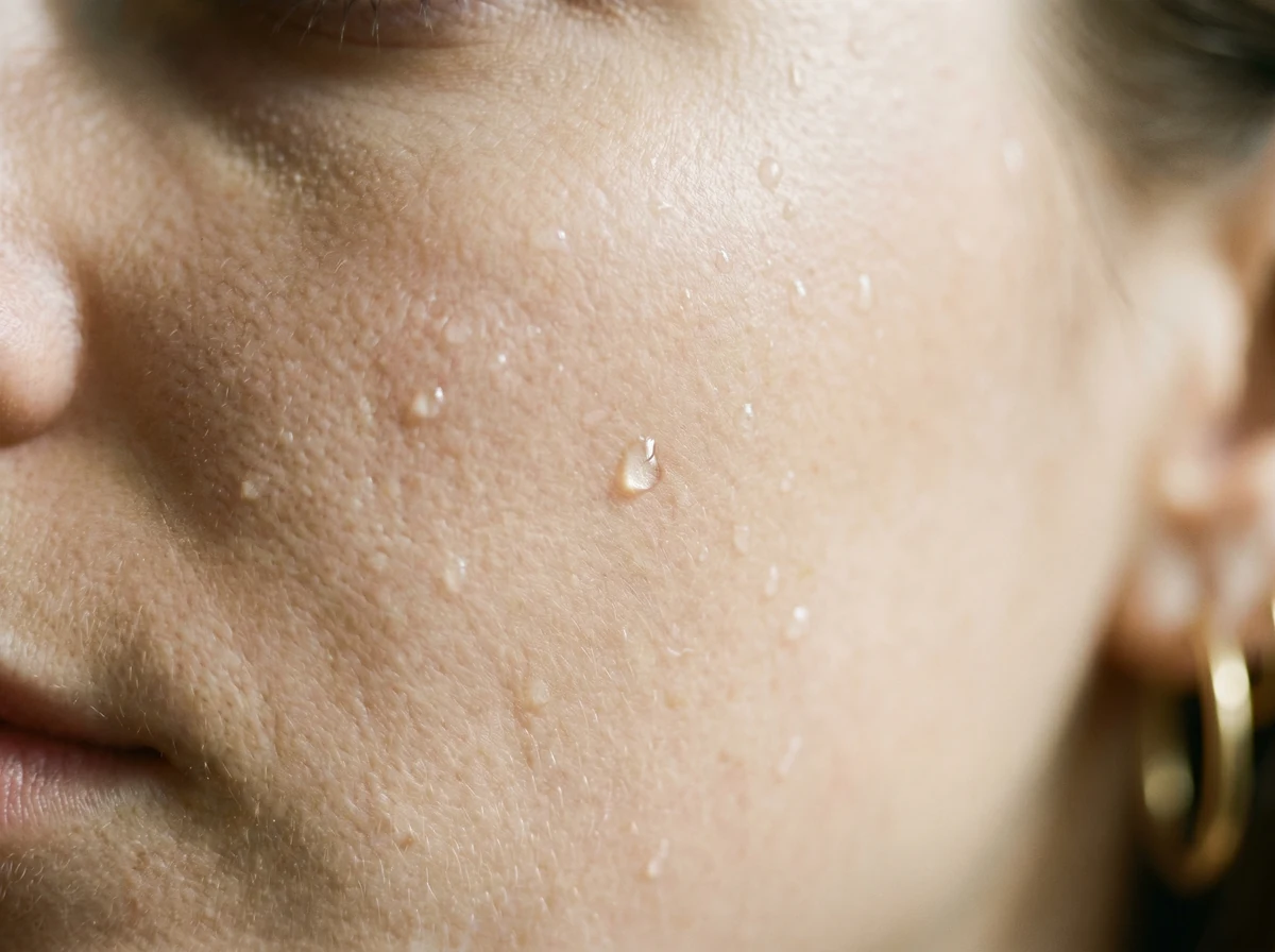 Close-up of dewy, luminous skin with fine water droplets catching warm light