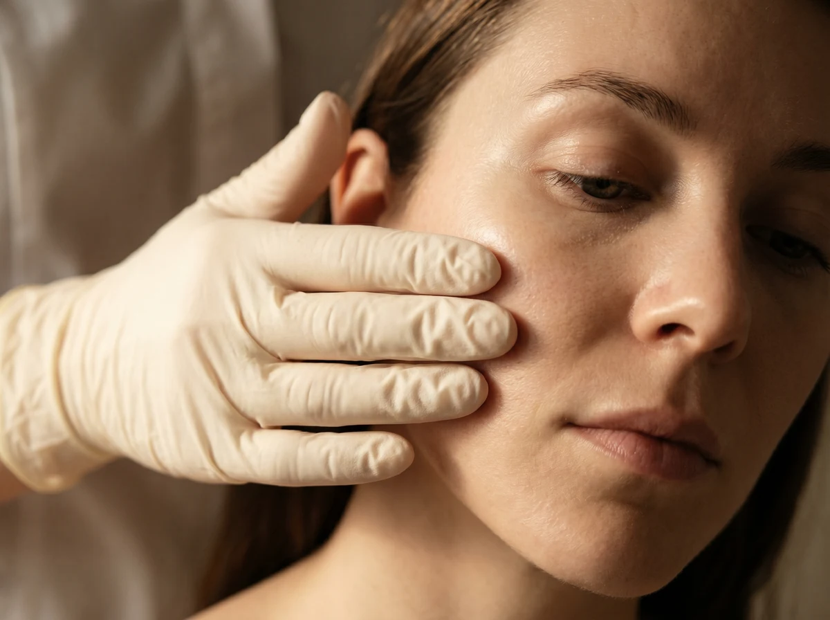 A gloved practitioner's hands gently assessing a serene client's face in warm, soft light