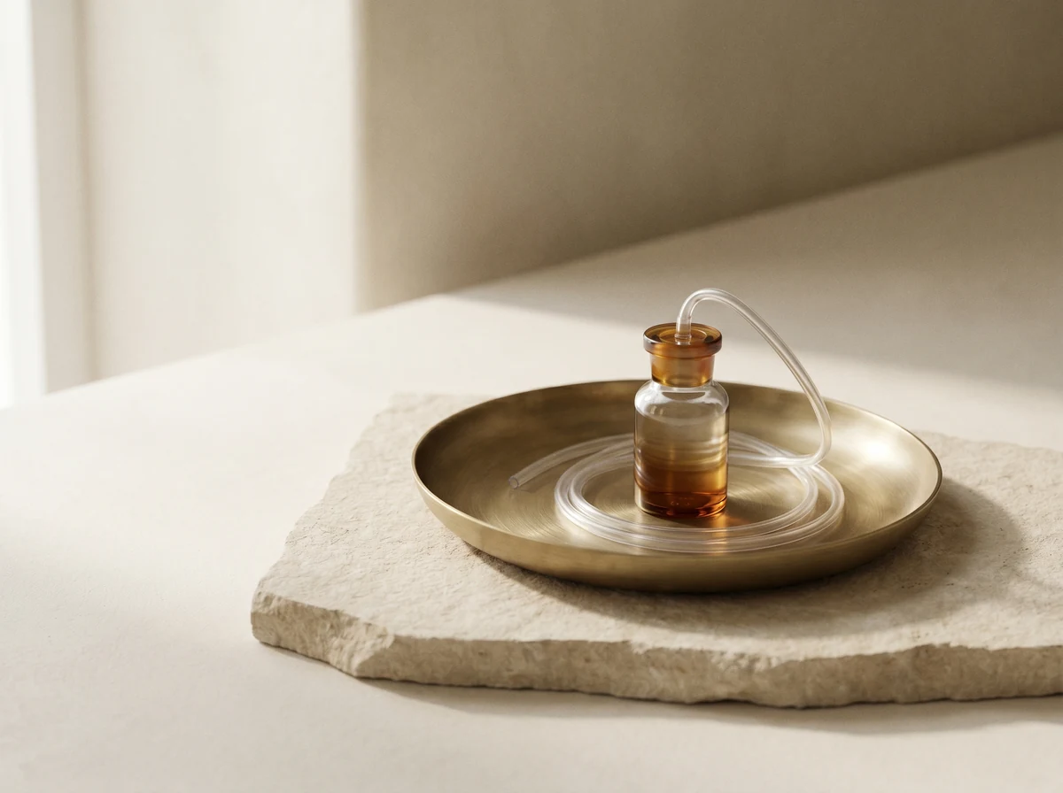 A single amber glass vial and soft drip line resting on a warm-neutral surface